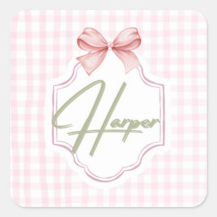 Sticker Carré Personalisé Harper Baby Girl Nursery Bow&En vichy