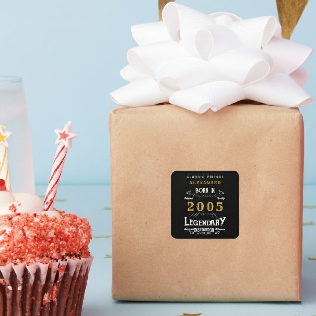 Sticker Carré Personalized 21st Birthday Add Name 2005 Legend (Born 2005 party sticker on a parcel.)