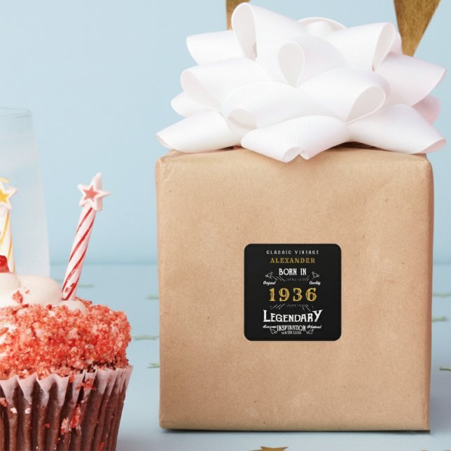 Sticker Carré Personalized 90th Birthday Add Name 1936 Legend (Born 1936 Birthday sticker on a wrapped gift.)