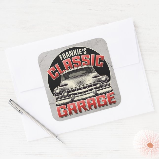 Sticker Carré PERSONALIZED NAME Classic Car Garage Custom Shop (Enveloppe)