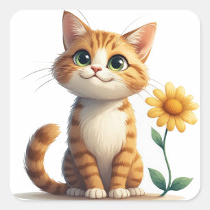 Sticker Carré Personnage de Chat Mignon Avec Fleurs Joie 🌷