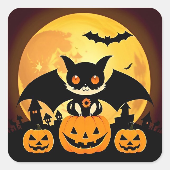 Sticker Carré Personnage de chat mignon pour Halloween Citrouill (Devant)