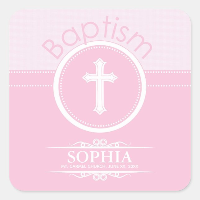 Sticker Carré Personnalisable, fille rose enfant de Dieu Baptême (Devant)
