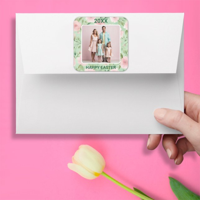 Sticker Carré Personnalisation de Pâques Fleurs pastel rose et v (Créateur téléchargé)