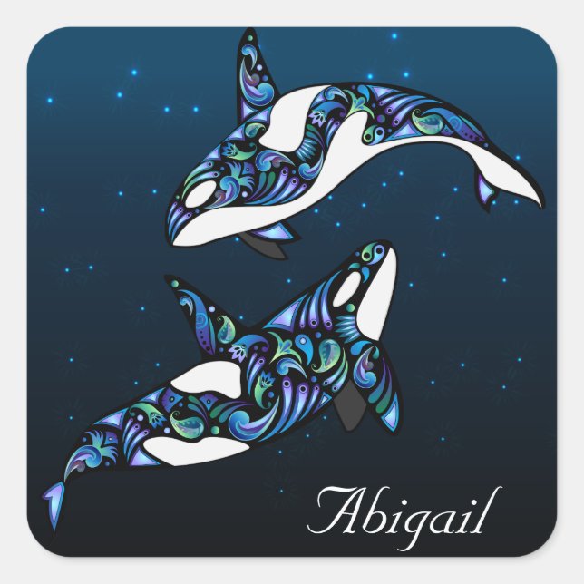 Sticker Carré Personnalisé Beau Orca Whale Couple (Devant)