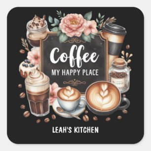 Sticker Carré ☕ Personnalisé Café Cuisine Café Café Café Joyeux 