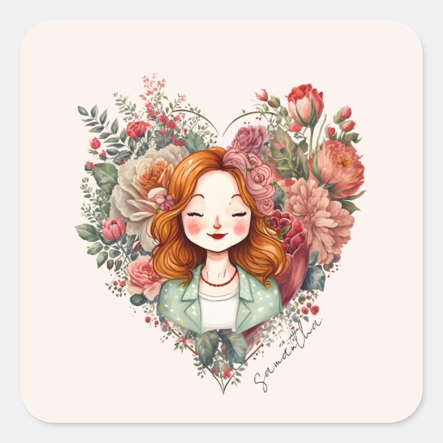 Sticker Carré Personnalisé Floral Jolie Dame (Devant)