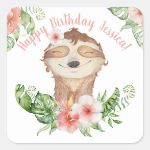 Sticker Carré Personnalisé Joyeux Anniversaire nom fille mignon 