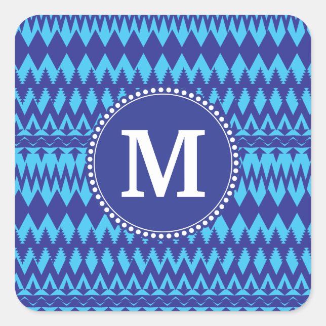 Sticker Carré Personnalisé Monogramme Bold Bleu Tribal Chevron M (Devant)