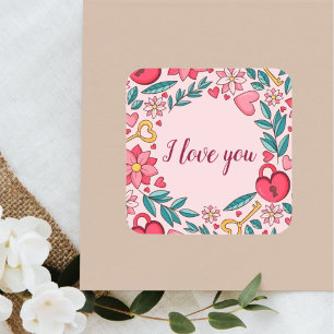 Sticker Carré Personnalisé Rose Floral Coeur Je t'aime Fête des 