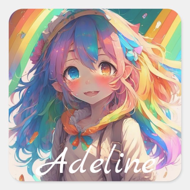 Sticker Carré Personnalisée belle Rainbow Anime Girl (Devant)