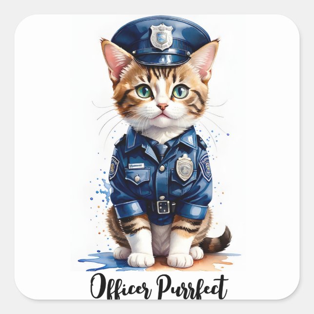 Sticker Carré Personnaliser Chat dans Police Uniforme Aquarelle  (Devant)