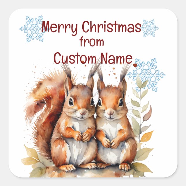 Sticker Carré Personnaliser de Noël mignonne écureuil couple ani (Devant)