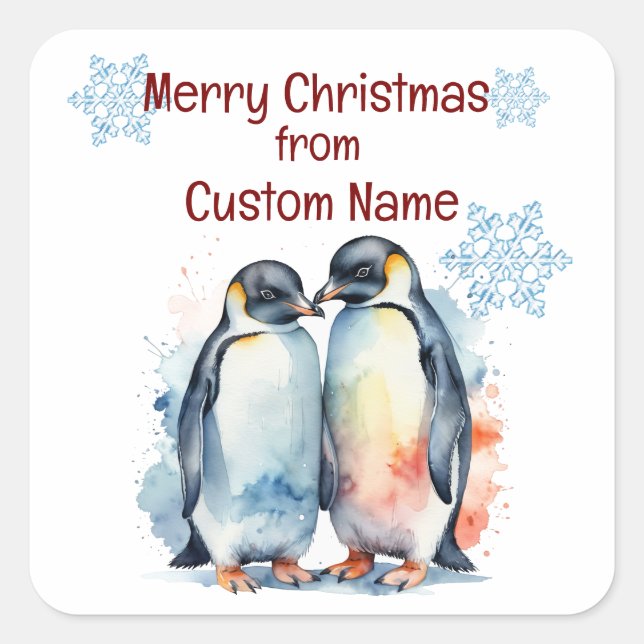 Sticker Carré Personnaliser de Noël mignonne Penguin Couple anim (Devant)