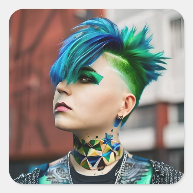 Sticker Carré Personne transgenre avec Mohawk bleu et vert (Devant)