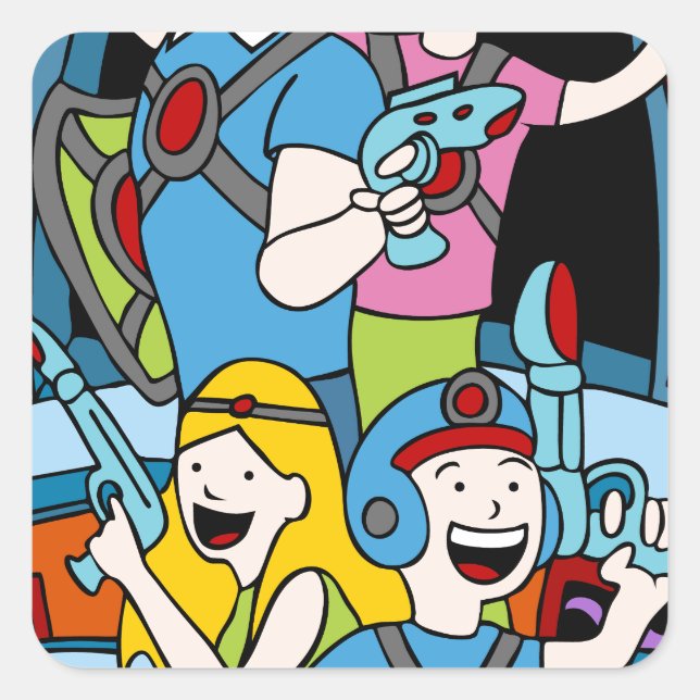 Sticker Carré Personnes de bande dessinée de partie de famille (Devant)