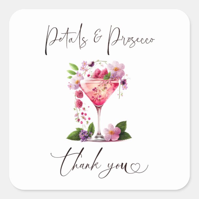 Sticker Carré Pétales & Prosecco Rose Floral Fête de Mariage (Devant)