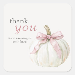 Sticker Carré Petit Baby shower blanc Citrouille rose Bow Merci