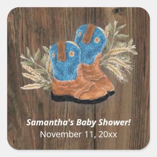 Sticker Carré Petit Baby shower Cowboy Bootie Bois foncé
