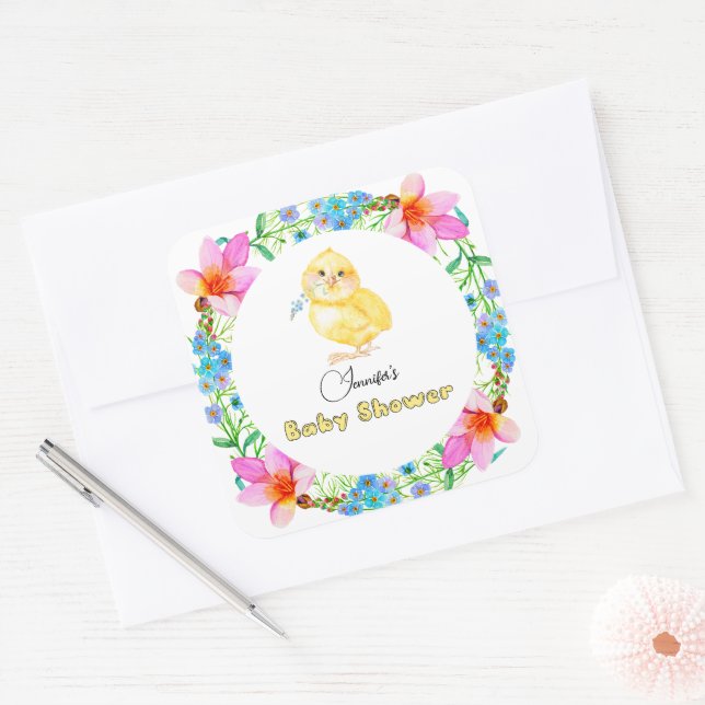 Sticker Carré Petit Baby shower floral de poussette (Enveloppe)