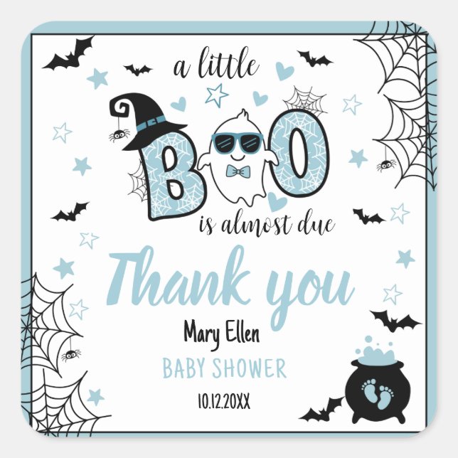 STICKER CARRÉ PETIT BOO BLUE HALLOWEEN BABY SHOWER MERCI (Devant)