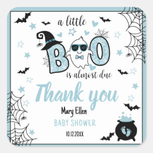 STICKER CARRÉ PETIT BOO BLUE HALLOWEEN BABY SHOWER MERCI