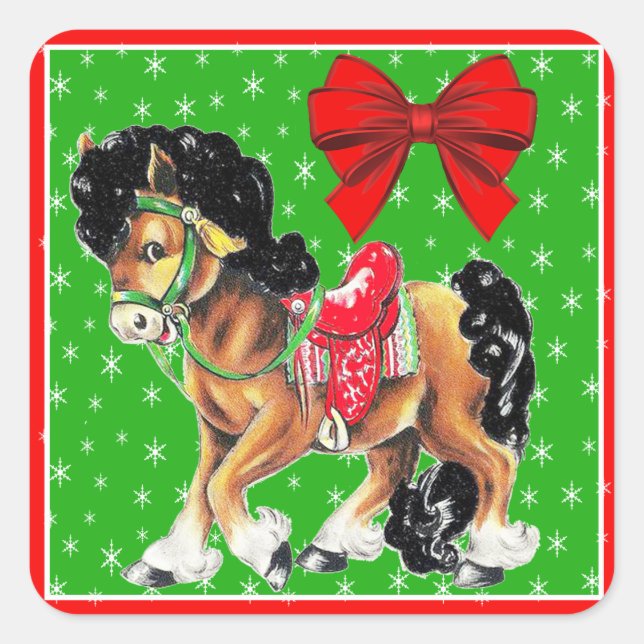 Sticker Carré Petit Cheval De Noël Occidental Pony Avec Selle (Devant)