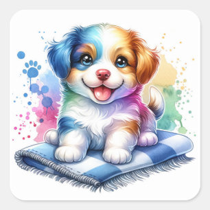 Sticker Carré Petit Chien chiot mignon