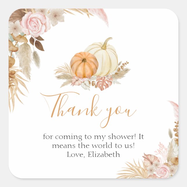 Sticker Carré Petit Citrouille Boho Automne Merci Floral (Devant)
