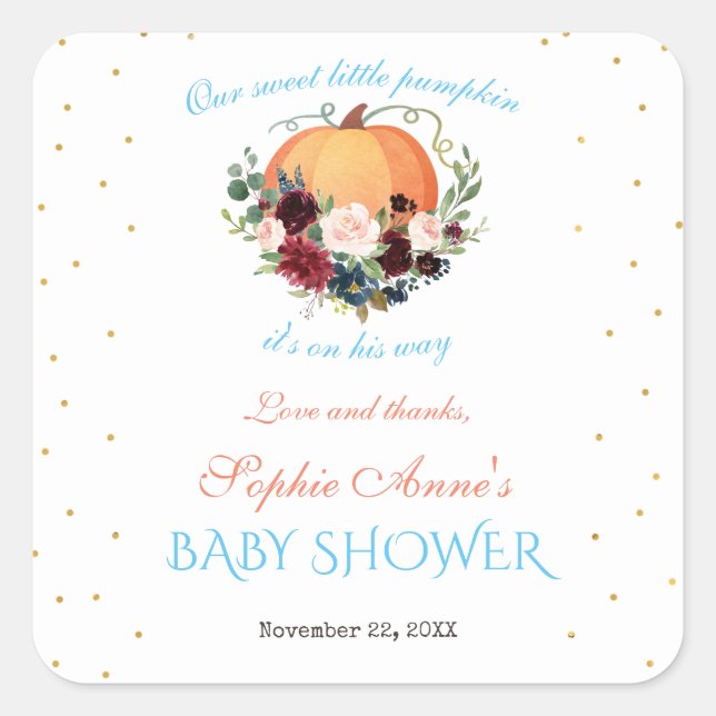 Sticker Carré Petit Citrouille Bourgogne Floral Baby Showe (Devant)