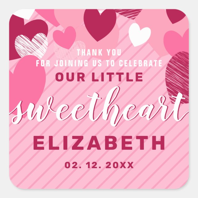 Sticker Carré Petit Coeur doux rose Merci d'anniversaire personn (Devant)