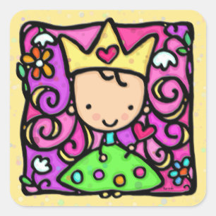 Sticker Carré Petit coeur jaune princesse couronne doré