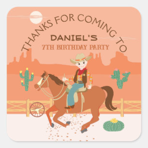 Sticker Carré Petit cow-boy cool et cheval fête d'anniversaire