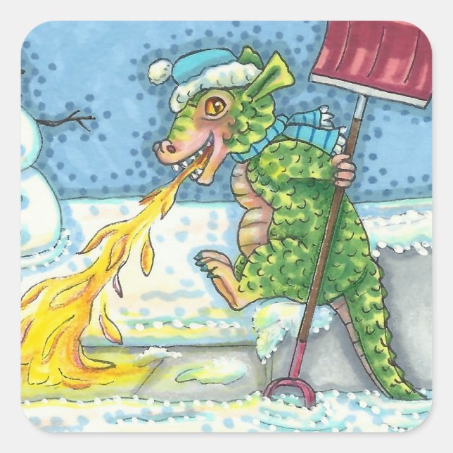 STICKER CARRÉ PETIT DRAGON MELTING & SHOVELING NEIGE, FUNNY CUTE (Devant)