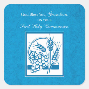 Sticker Carré Petit-fils Première communion Bleu, Blé, Raisins