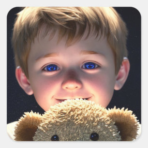 Sticker Carré Petit garçon mignon avec ours en peluche