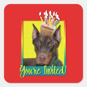 Sticker Carré Petit gâteau d'invitation - dobermann - rouge -