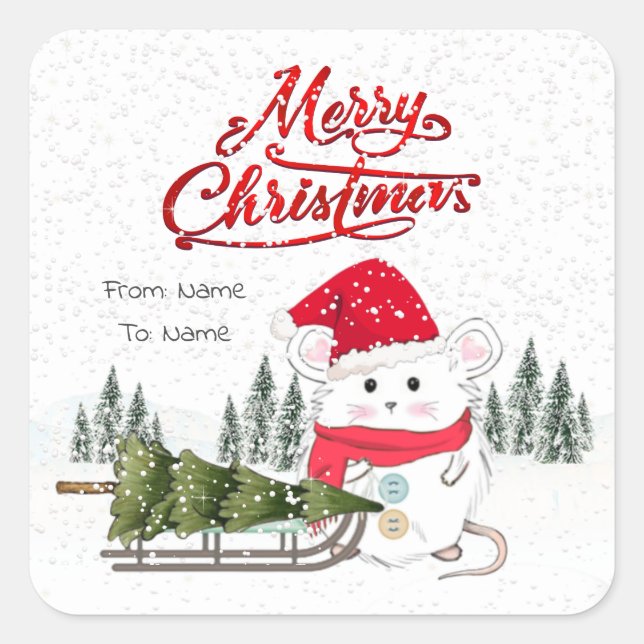 Sticker Carré Petit Hamster Joyeux Arbre de Noël (Devant)