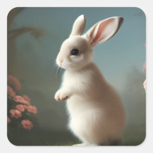 Sticker Carré Petit lapin blanc mignon et Rose