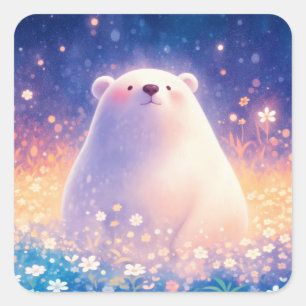 Sticker Carré Petit Ours Polaire dans une Prairie de Fleurs Sauv