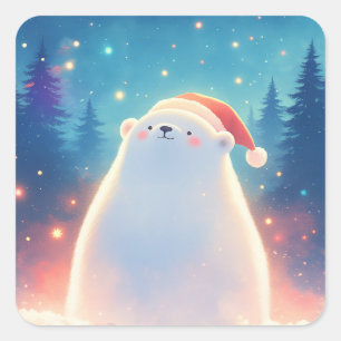 Sticker Carré Petit ours polaire portant un chapeau de Père Noël