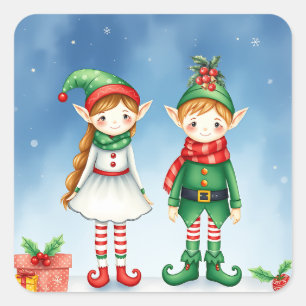 Sticker Carré Petite aquarelle Elfes de Noël
