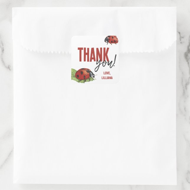 Sticker Carré Petite dame Ladybug Anniversaire Merci Favoriser (Sac)