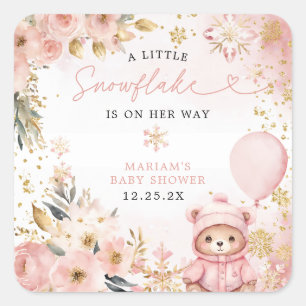Sticker Carré Petite Douceur Ours Floral Rose Fête de Naissance