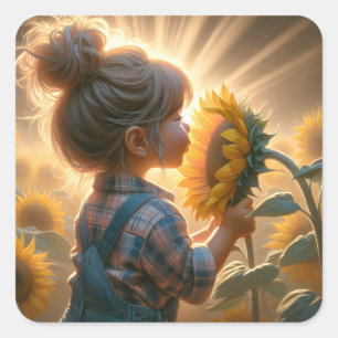 Sticker Carré Petite fille au tournesol