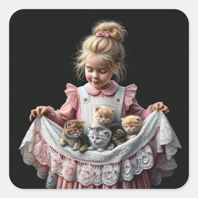 Sticker Carré Petite Fille Avec Chatons Dans Son Tablier (Devant)