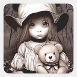 Sticker Carré Petite fille avec ours en peluche dans les bois ef
