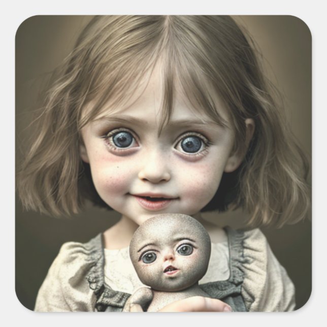 Sticker Carré Petite fille avec poupée Déplaisante Eerie Ai Art (Devant)