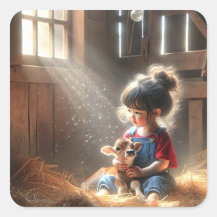 Sticker Carré Petite Fille Avec Un Veau Dans Les Poutres De Sole