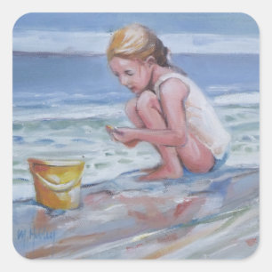 Sticker Carré Petite fille beachcomber avec seau jaune